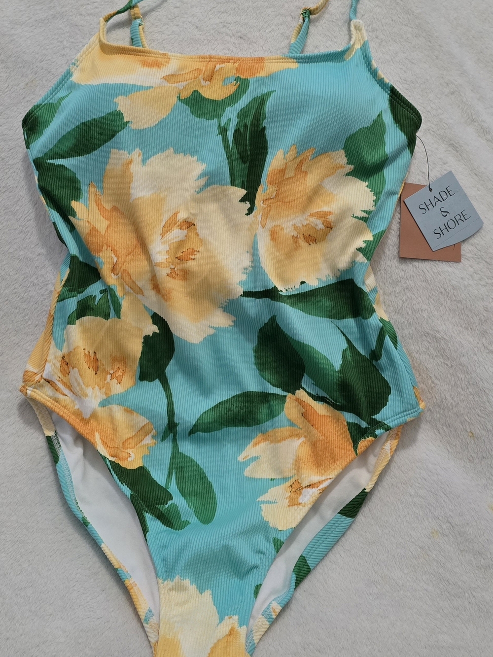 Shade & Shore Size M Turquoise One-Piece Swimsuit with Yellow Floral Print